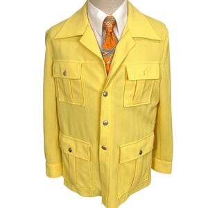 Donegal Safari Jacket Mens L Yellow 70s Chevron Texture Double Knit Disco VTG